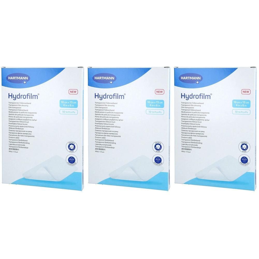 Drie pakken Hartmann Hydrofilm transparante folieverbanden, 10 cm x 15 cm.