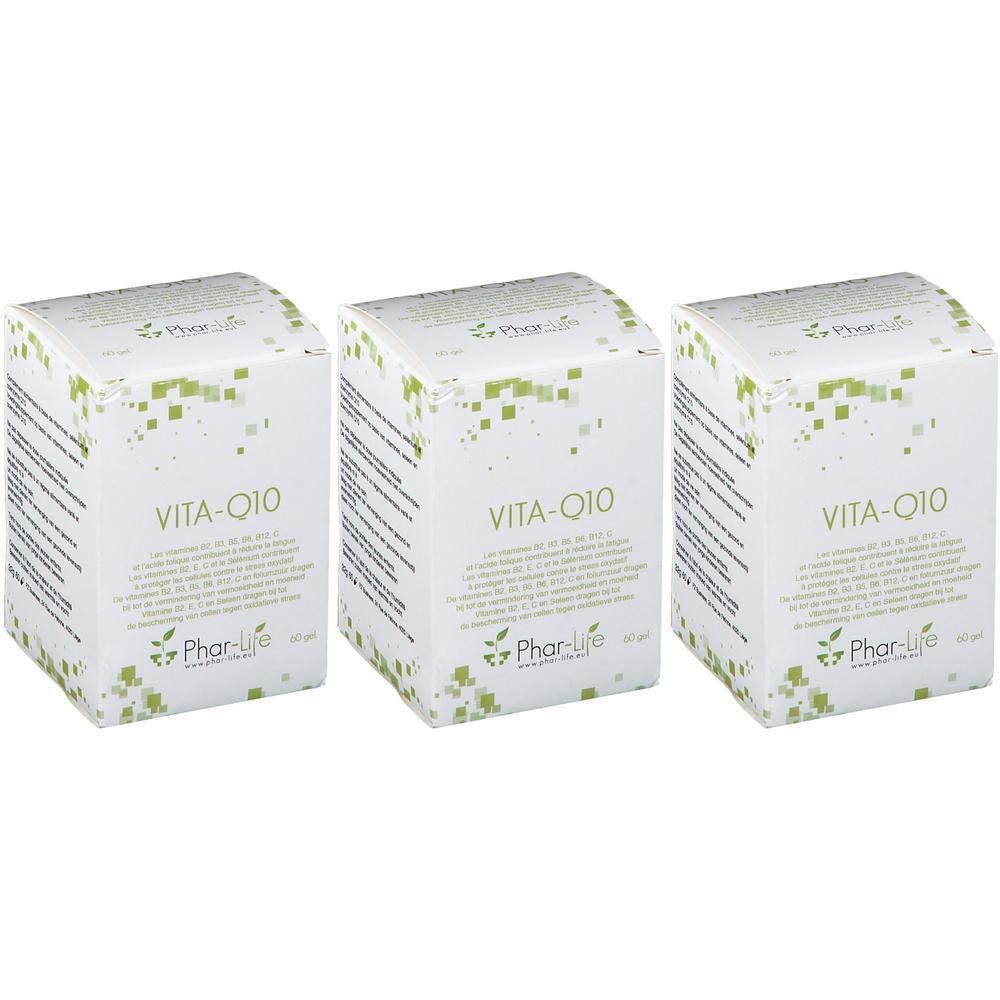 Drie dozen Phar Life Vita Q10 met groene accenten en tekstuele informatie.