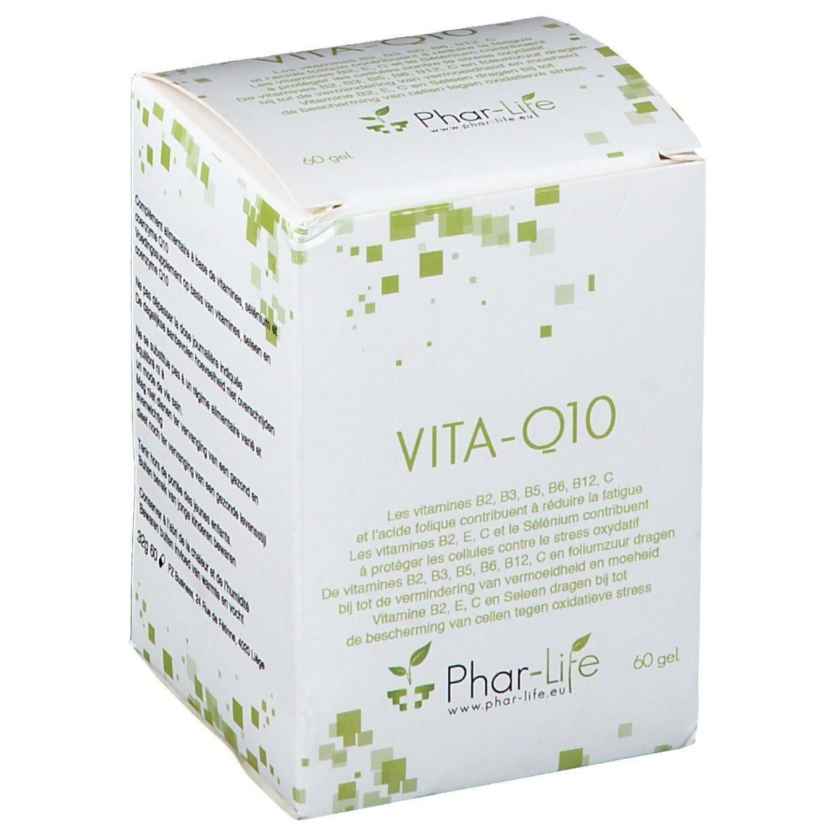 Boîte de Phar-Life Vita Q10 contenant 60 gélules. Contient des vitamines B2, B3, B5, B6, B12, C et du sélénium.