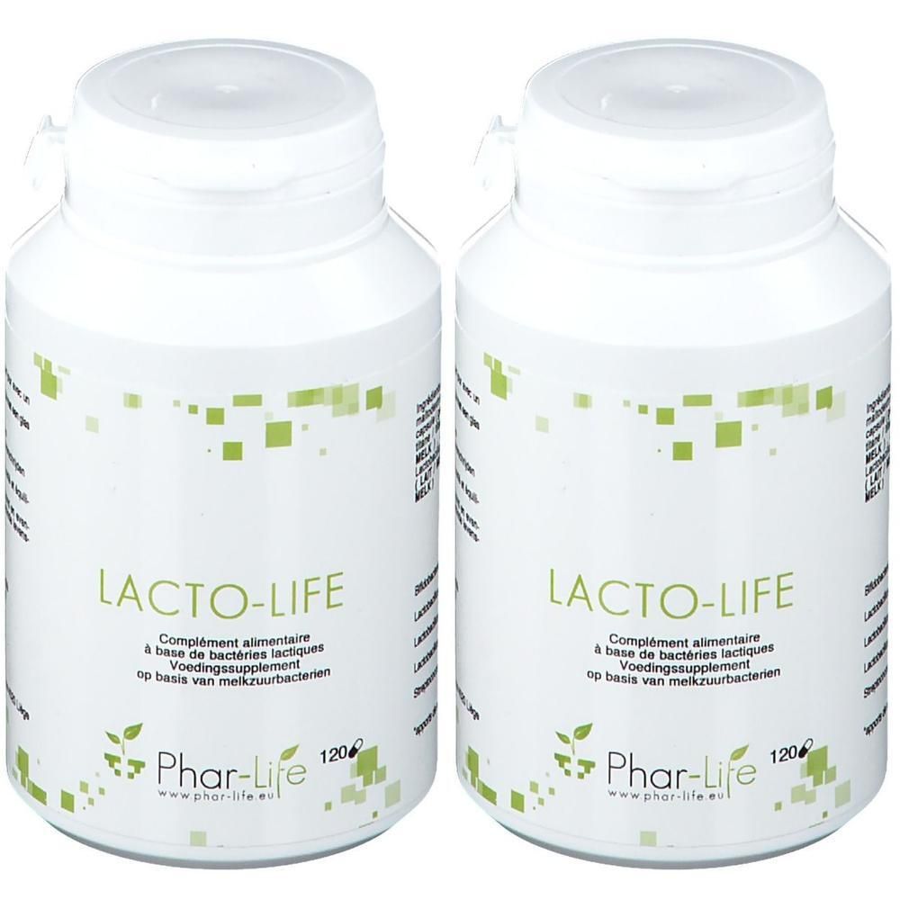 Deux contenants blancs marqués "LACTO-LIFE" et "Phar-Life". Contient 120 capsules.
