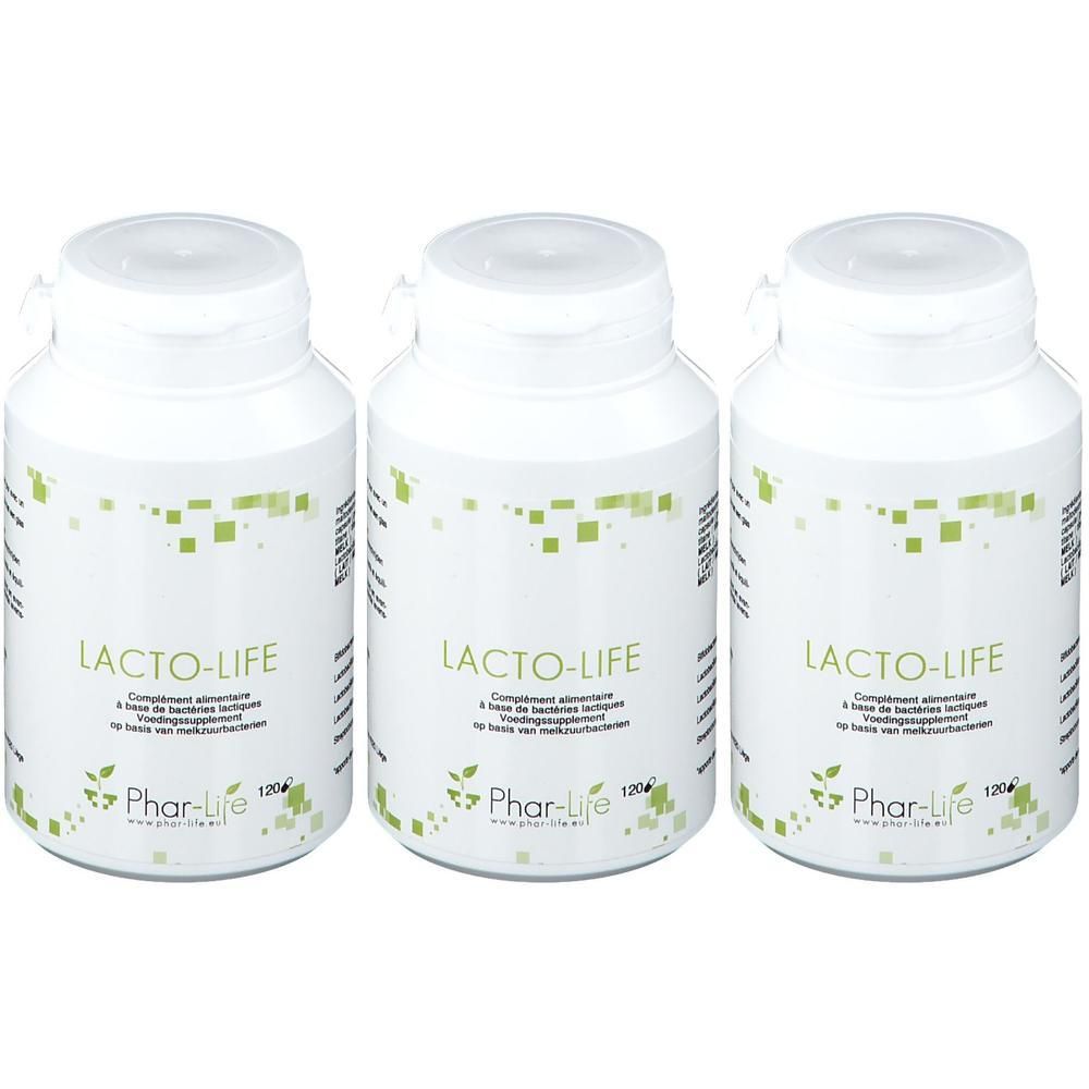 Trois contenants blancs avec des compléments alimentaires Phar Life Lacto Life.