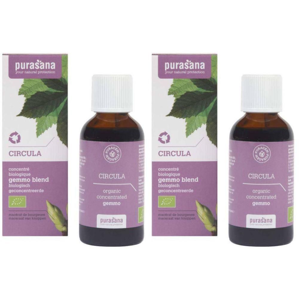Purasana Circula: Twee flesjes en twee doosjes biologische gemmo blend.