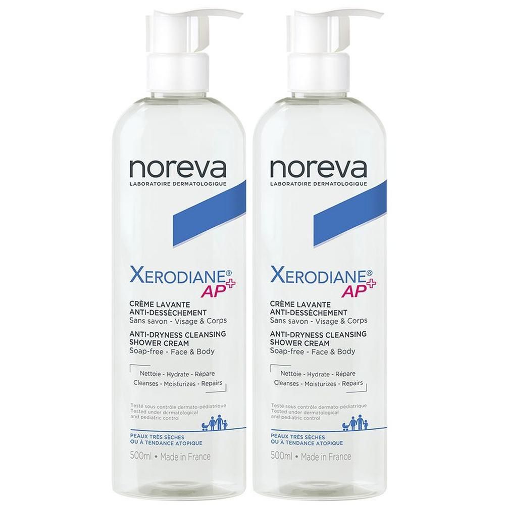 Twee Noreva Xerodiane AP+ flessen met pompdoseerders. Anti-droogte douchecrème voor gezicht en lichaam.
