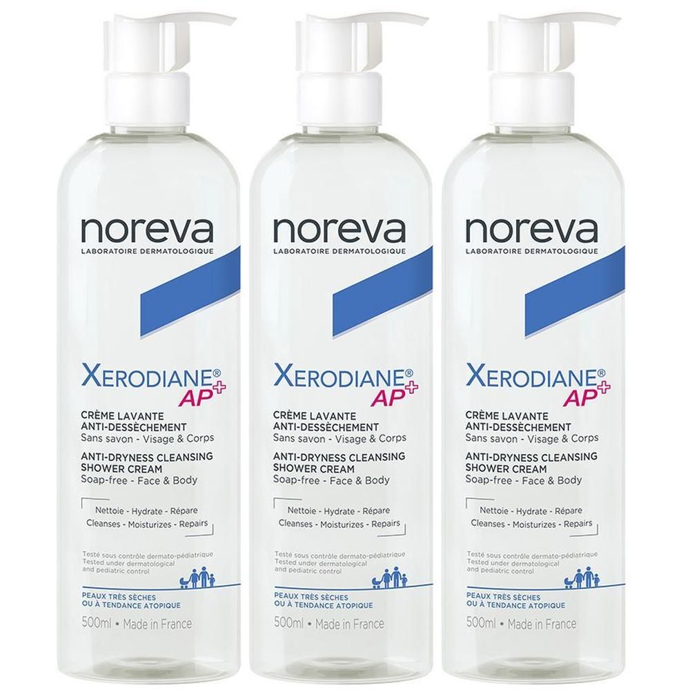Trois flacons Noreva Xerodiane AP+ avec pompes. Crème lavante anti-dessèchement pour visage et corps.