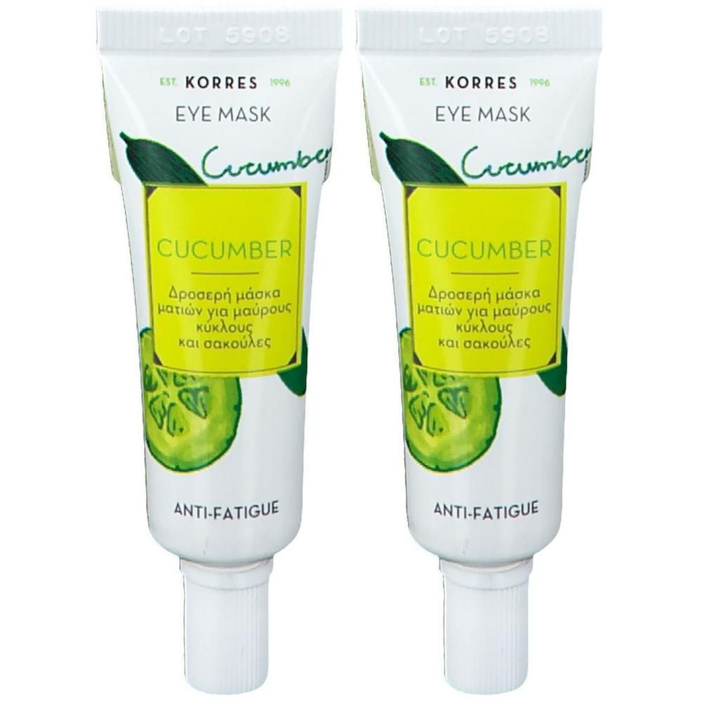 Twee Korres oogmasker tubes met komkommerprint en "Anti-Fatigue" opschrift.