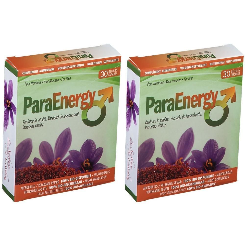 Deux boîtes ParaEnergy pour hommes, 30 gélules. Emballage vert avec fleurs violettes et symbole masculin.