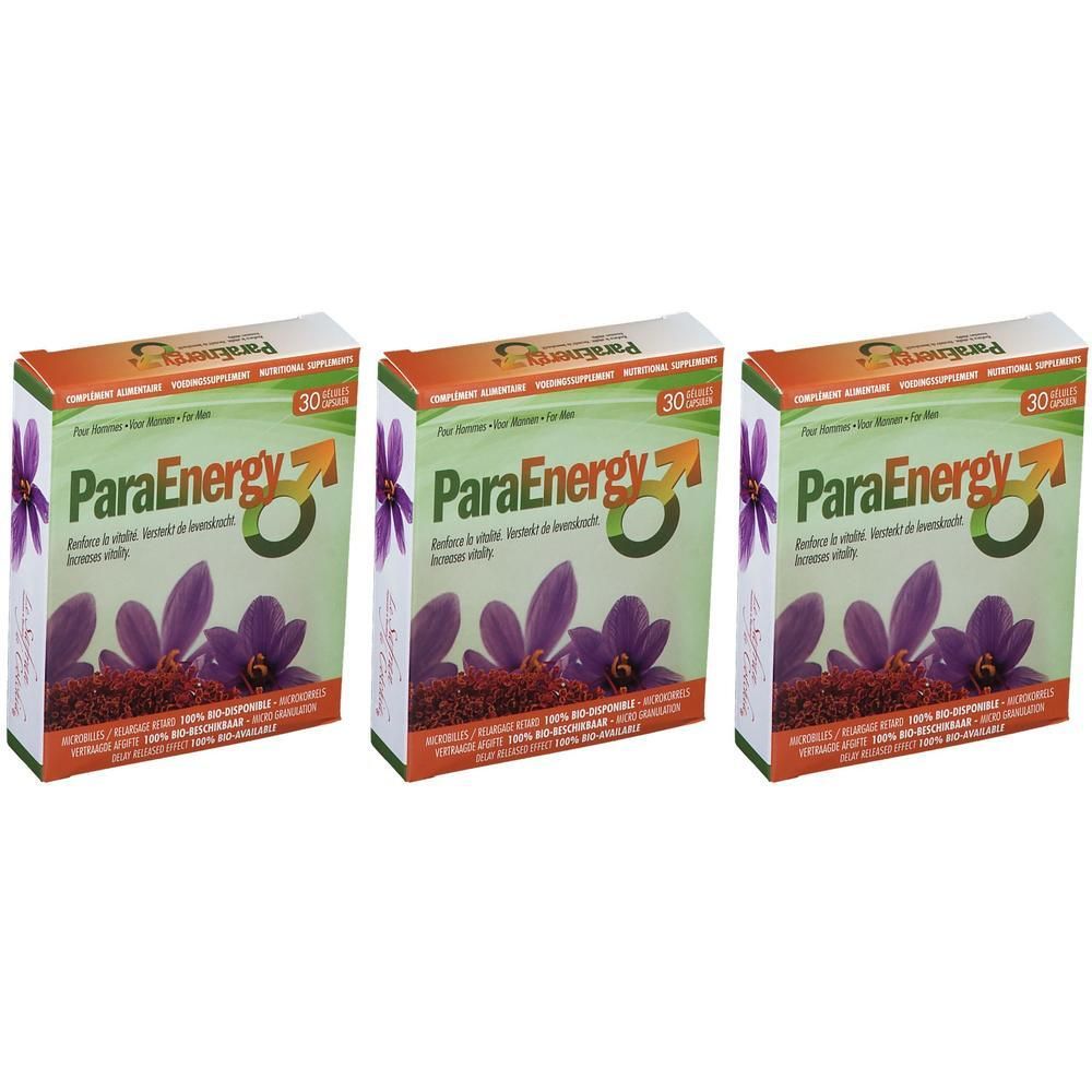 Trois boîtes de ParaEnergy pour hommes avec fleurs violettes et symbole masculin.