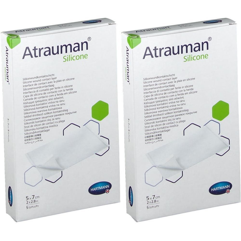 Twee pakken Hartmann Atrauman Silicone wondcontactlaag, 5x7 cm.