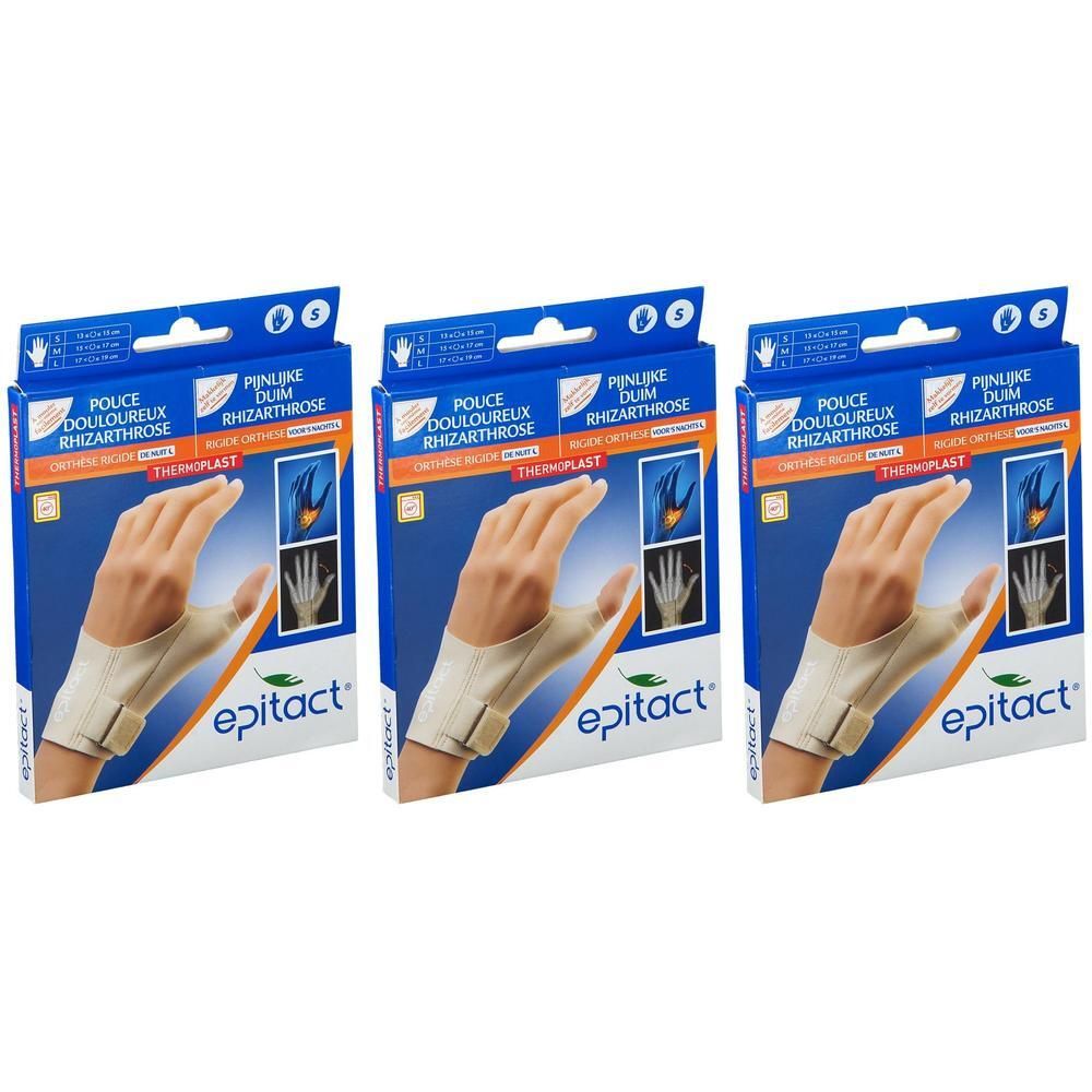 Drie verpakkingen Epitact duimbrace voor pijnlijke duim, beige, met klittenbandsluiting.