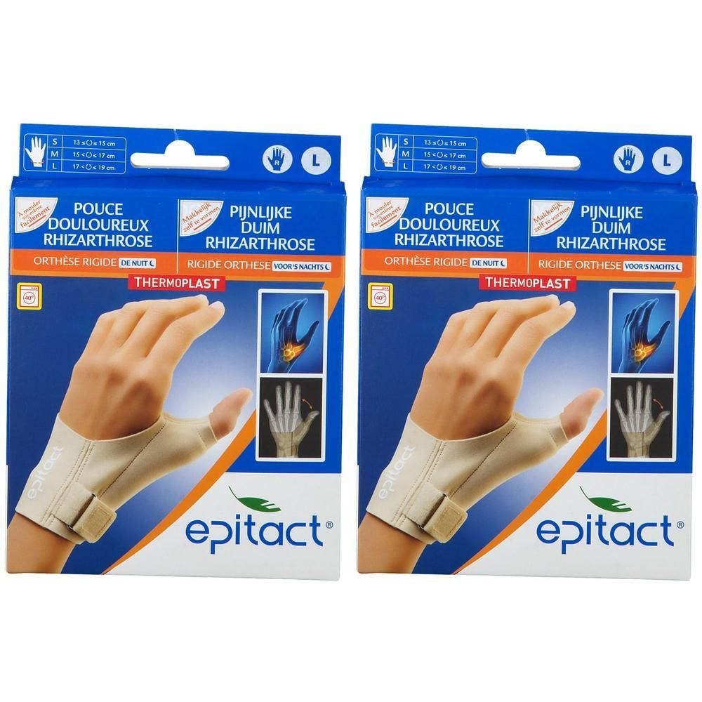 Deux boîtes d'orthèse rigide Epitact pour pouce douloureux. Orthèses beiges avec fermeture velcro.