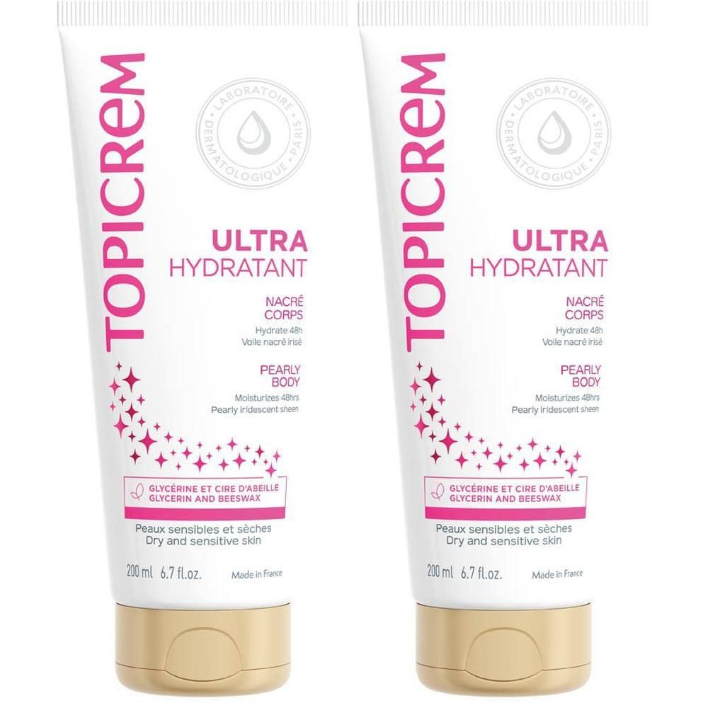 Twee Topicrem Ultra Hydratant Nacré Bodylotion tubes met gouden doppen. 200 ml.