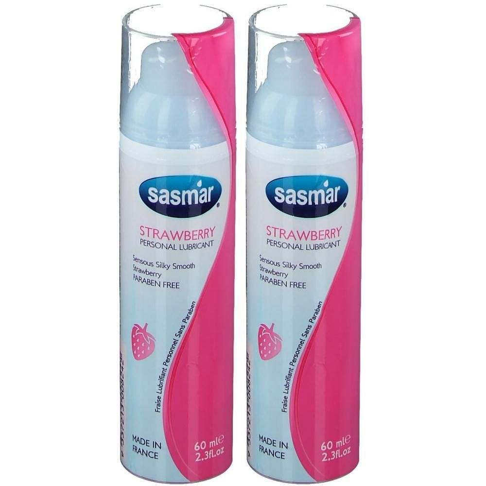 Deux flacons de lubrifiant personnel Sasmar Fraise, 60 ml.