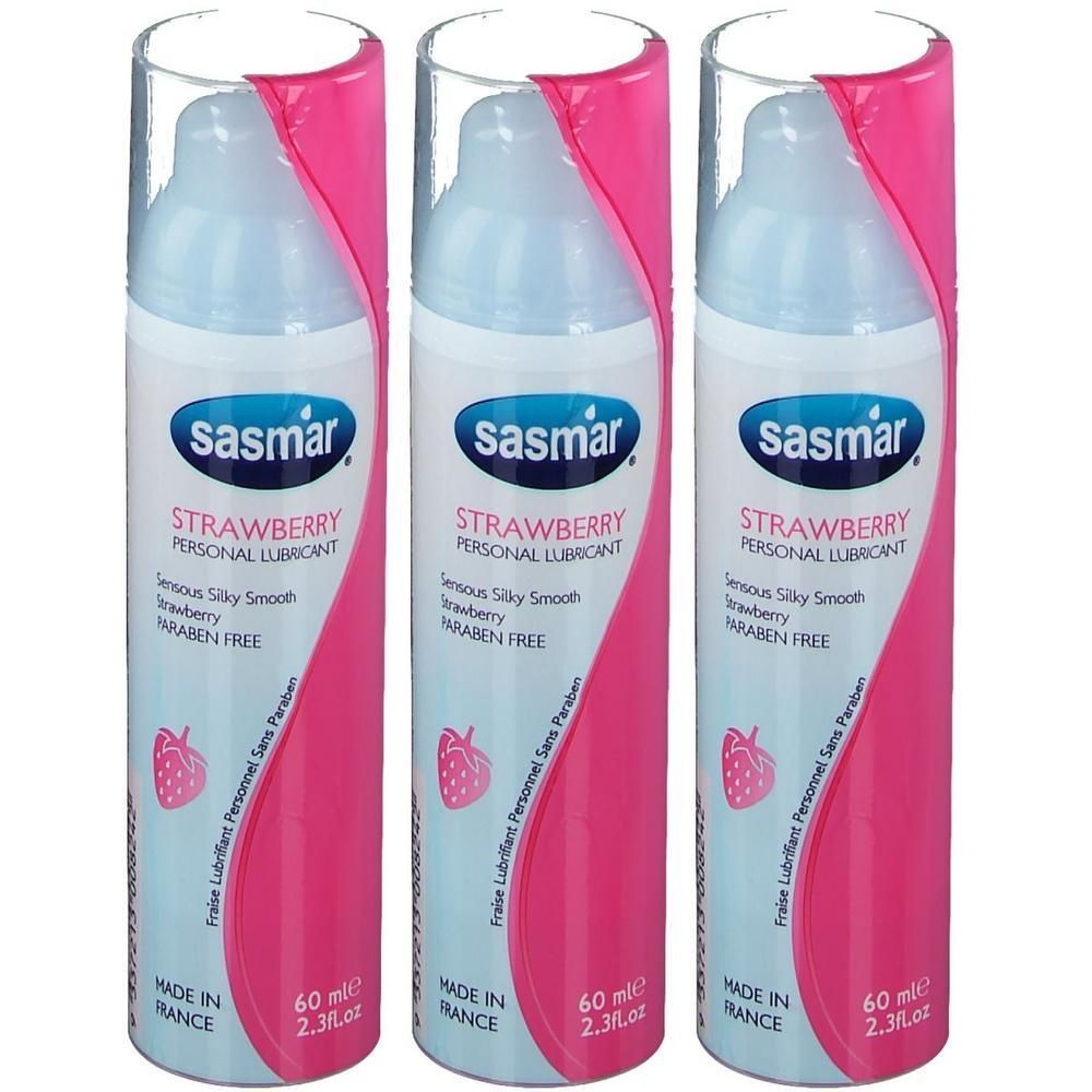 Trois flacons de lubrifiant personnel Sasmar Fraise avec pompe. 60 ml.