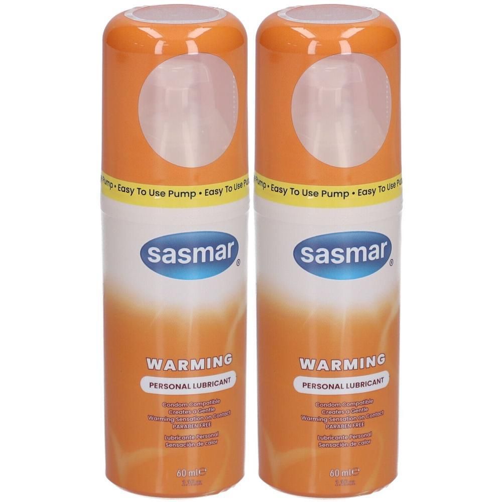 Twee Sasmar Warming Personal Lubricant flessen met oranje doppen en witte etiketten.