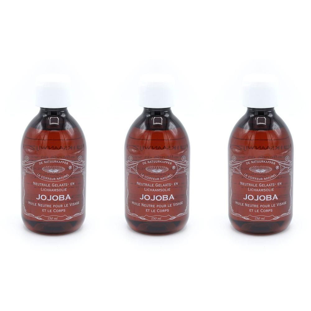 Trois bouteilles d'huile de jojoba avec bouchons blancs. Flacons en verre brun avec étiquettes.