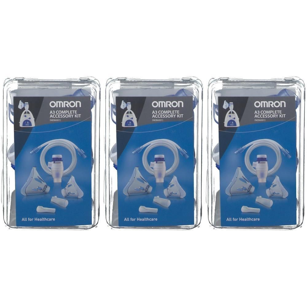 Omron A3 Complete Accessoireset met maskers, slang en vernevelaar. Drie stuks in verpakking.