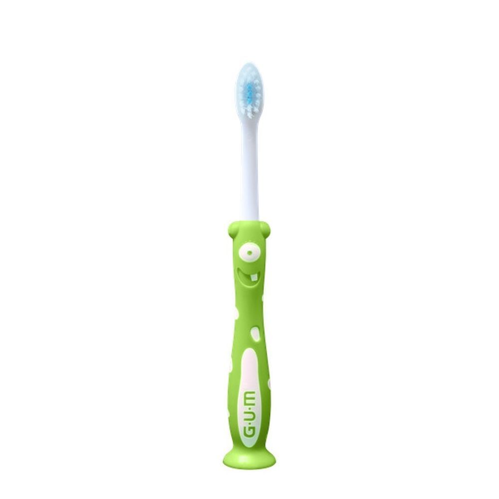 Een GUM Kids tandenborstel, zacht, groen monsterdesign, voor kinderen vanaf 2 jaar.
