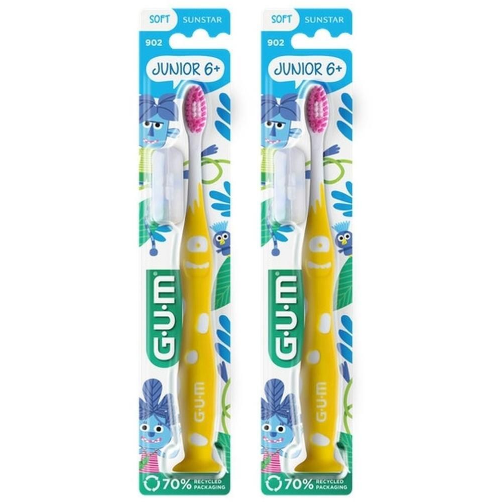 Deux brosses à dents GUM Junior (6+) jaunes à poils roses, en emballage double.