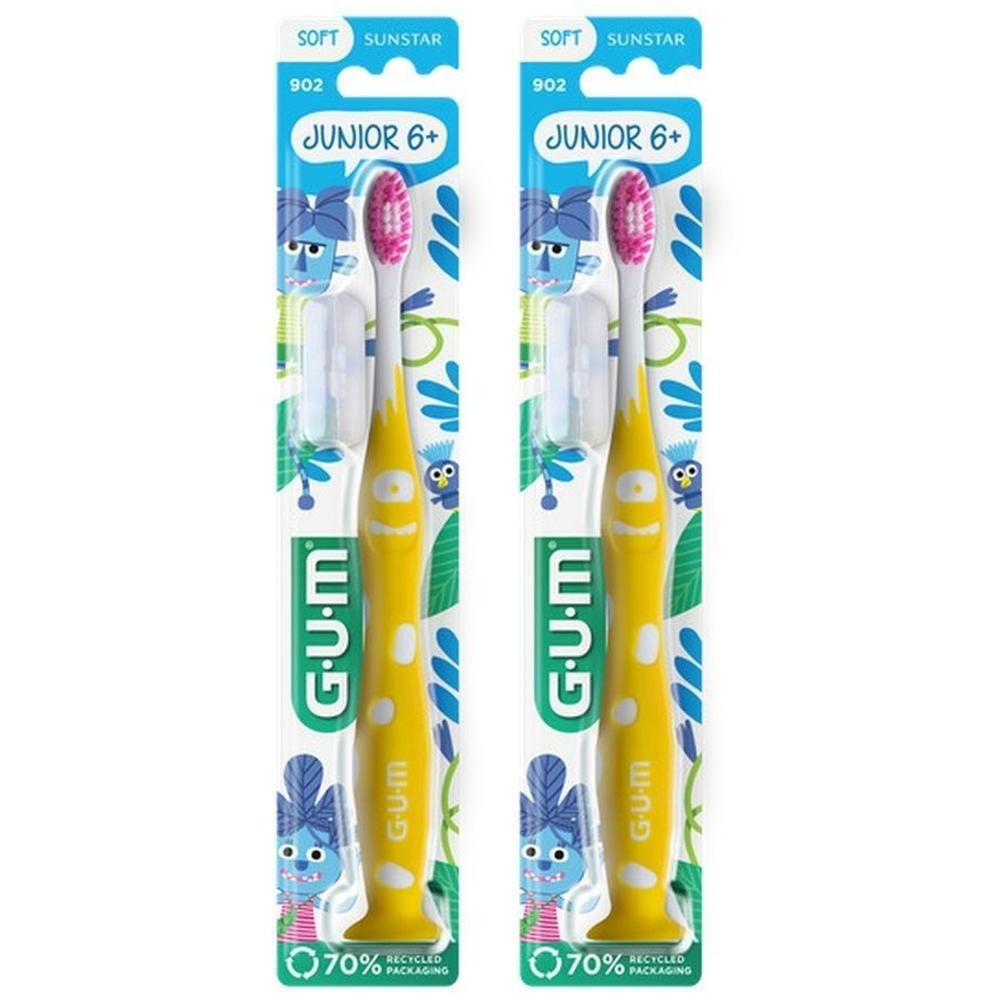 Twee gele GUM Junior tandenborstels (6+) met roze borstels, in dubbelverpakking.
