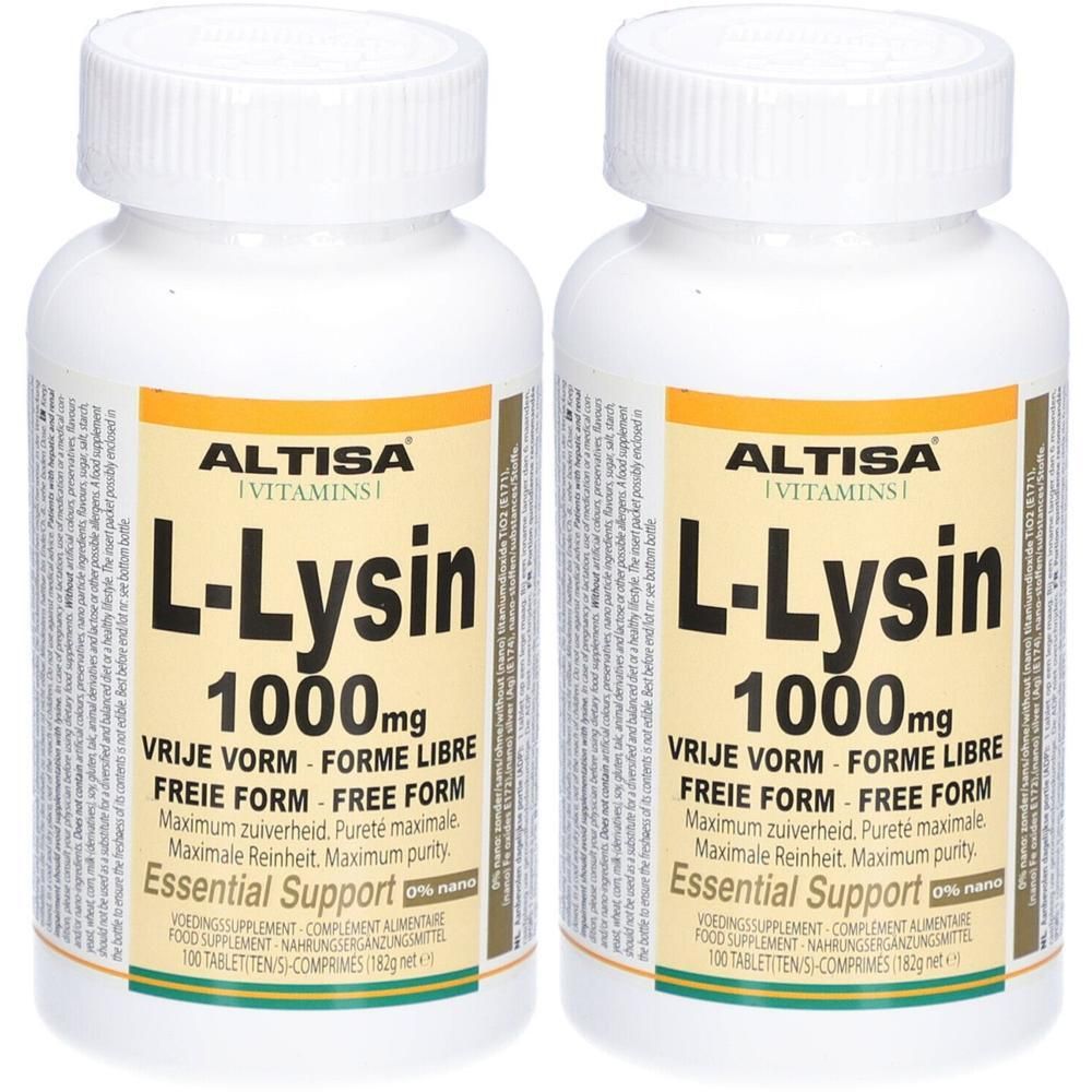 Twee flessen Altisa L-Lysine 1000mg voedingssupplement. Witte potjes met geel etiket.