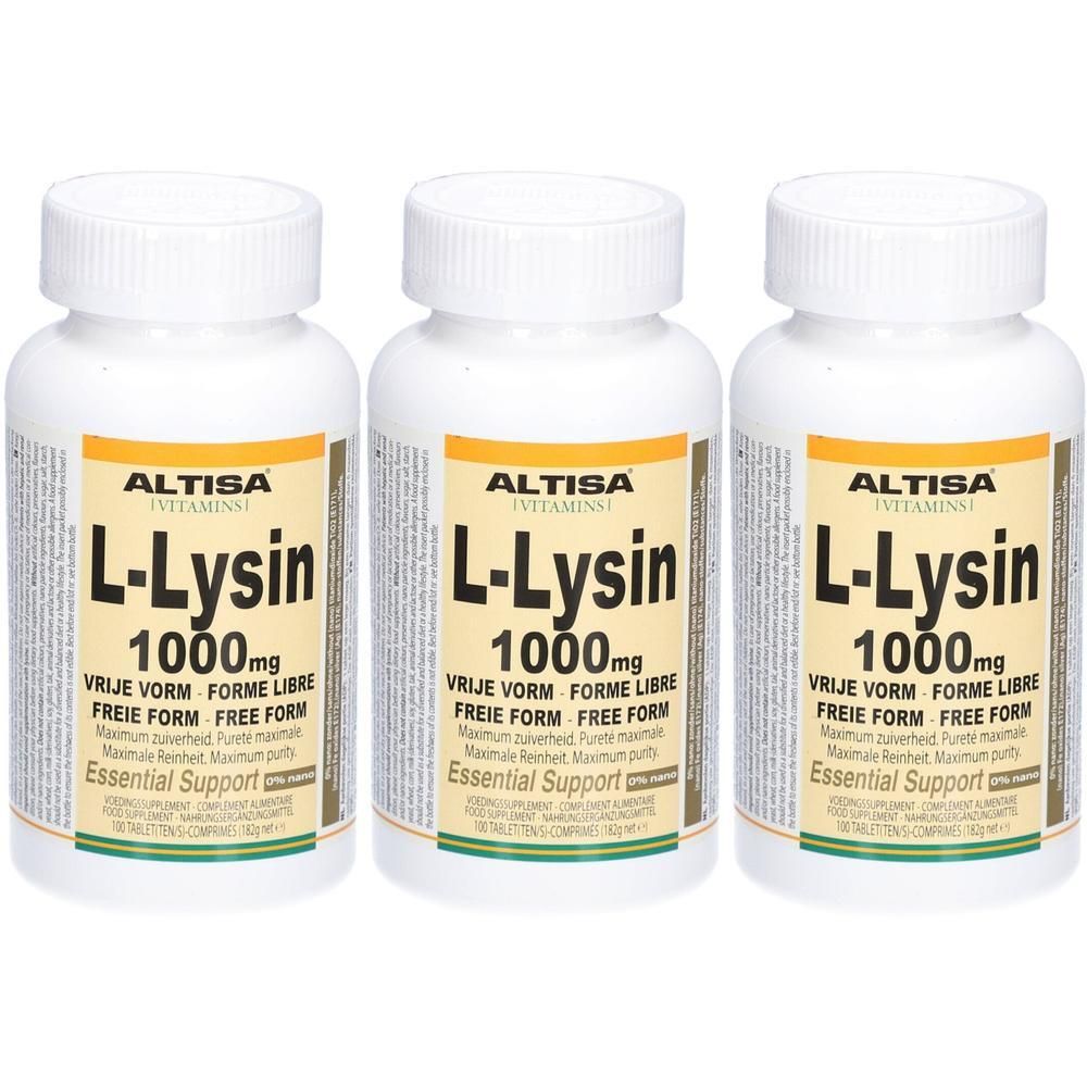 Drie flessen Altisa L-Lysine 1000mg, vrije vorm, Essential Support.