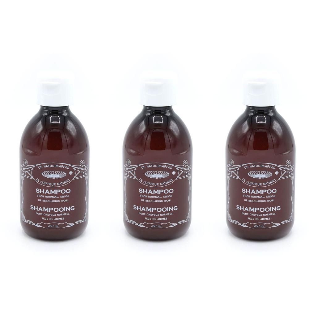 Trois bouteilles de shampooing Le Coiffeur Naturel pour cheveux normaux, secs ou abîmés.