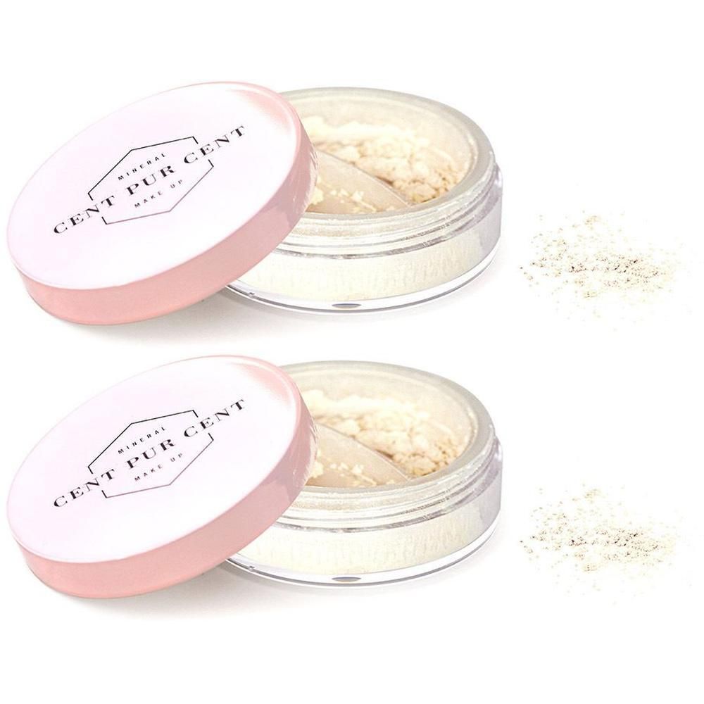 Twee potjes met Cent Pur Cent Mineral Highlighter poeder. Roze deksels met logo.