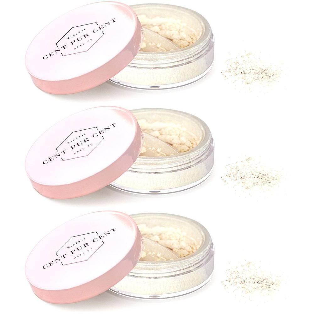 Trois pots de poudre Cent Pur Cent Mineral Highlighter, un pot ouvert.
