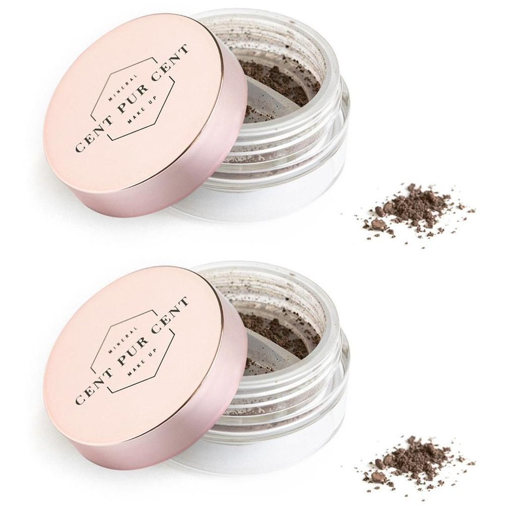 Deux pots ouverts de poudre minérale brune et poudre séparée.
