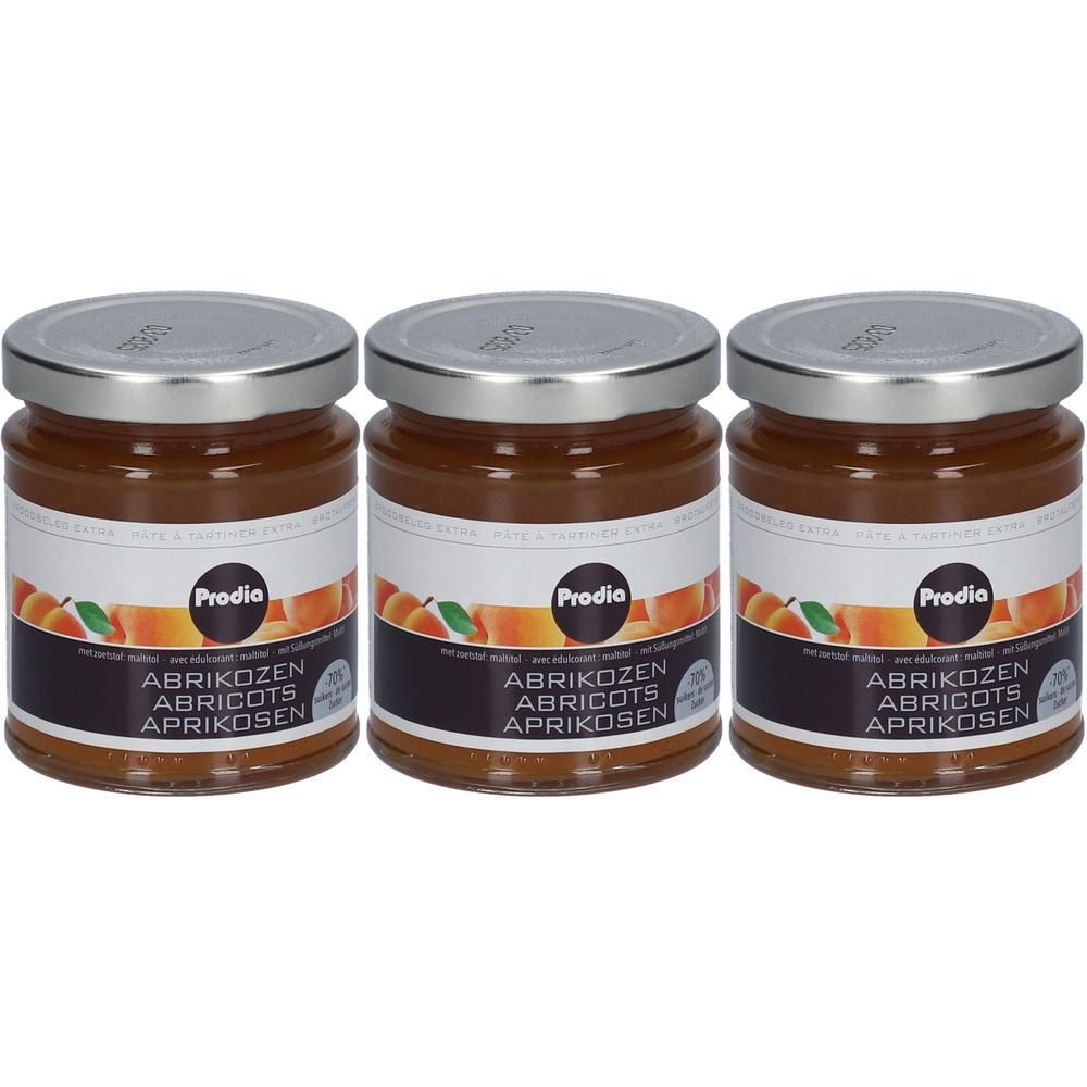 Trois pots de confiture d'abricots Prodia édulcorée au maltitol.