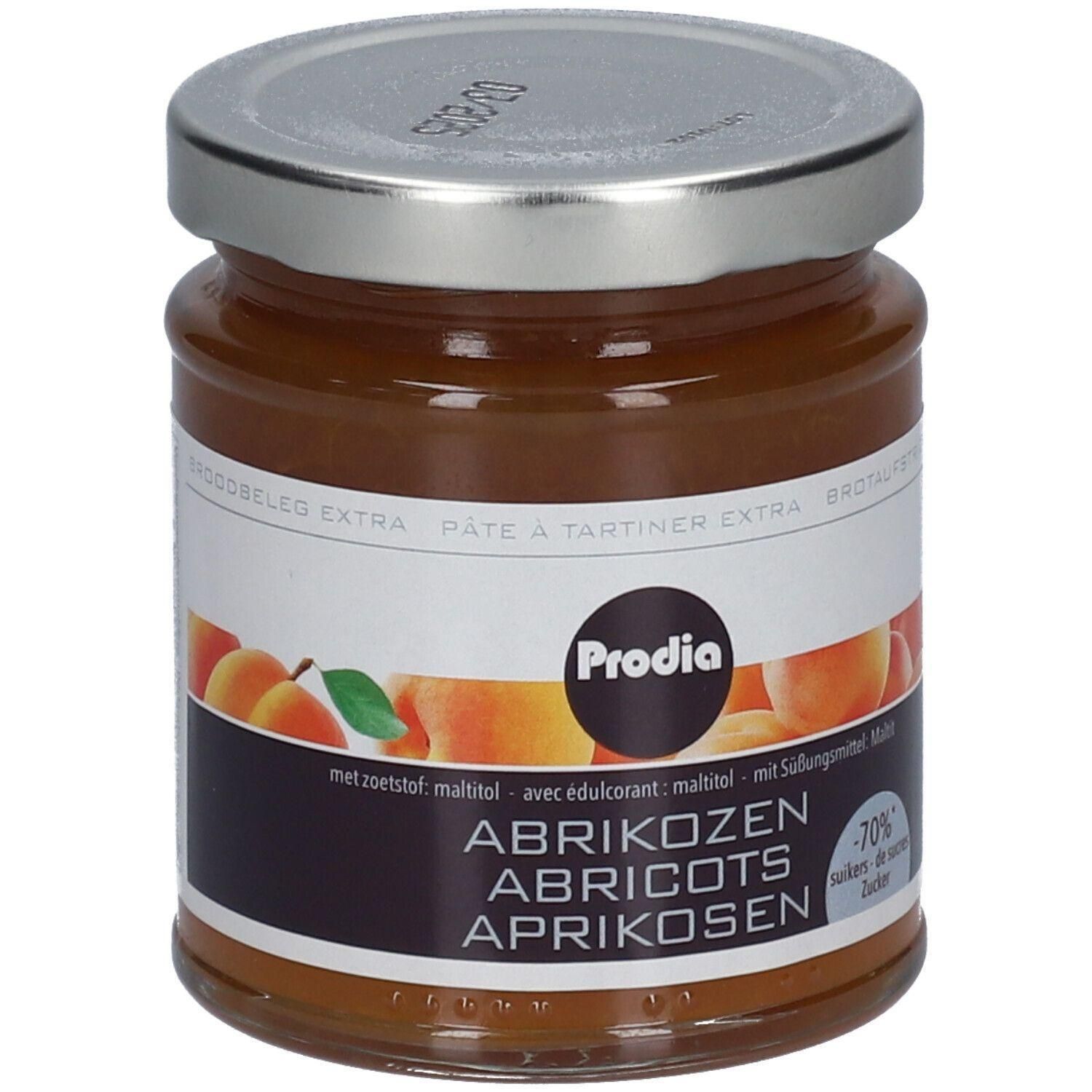 Pot abrikozenjam, gezoet met maltitol. Bevat fruit en het Prodia merklogo.