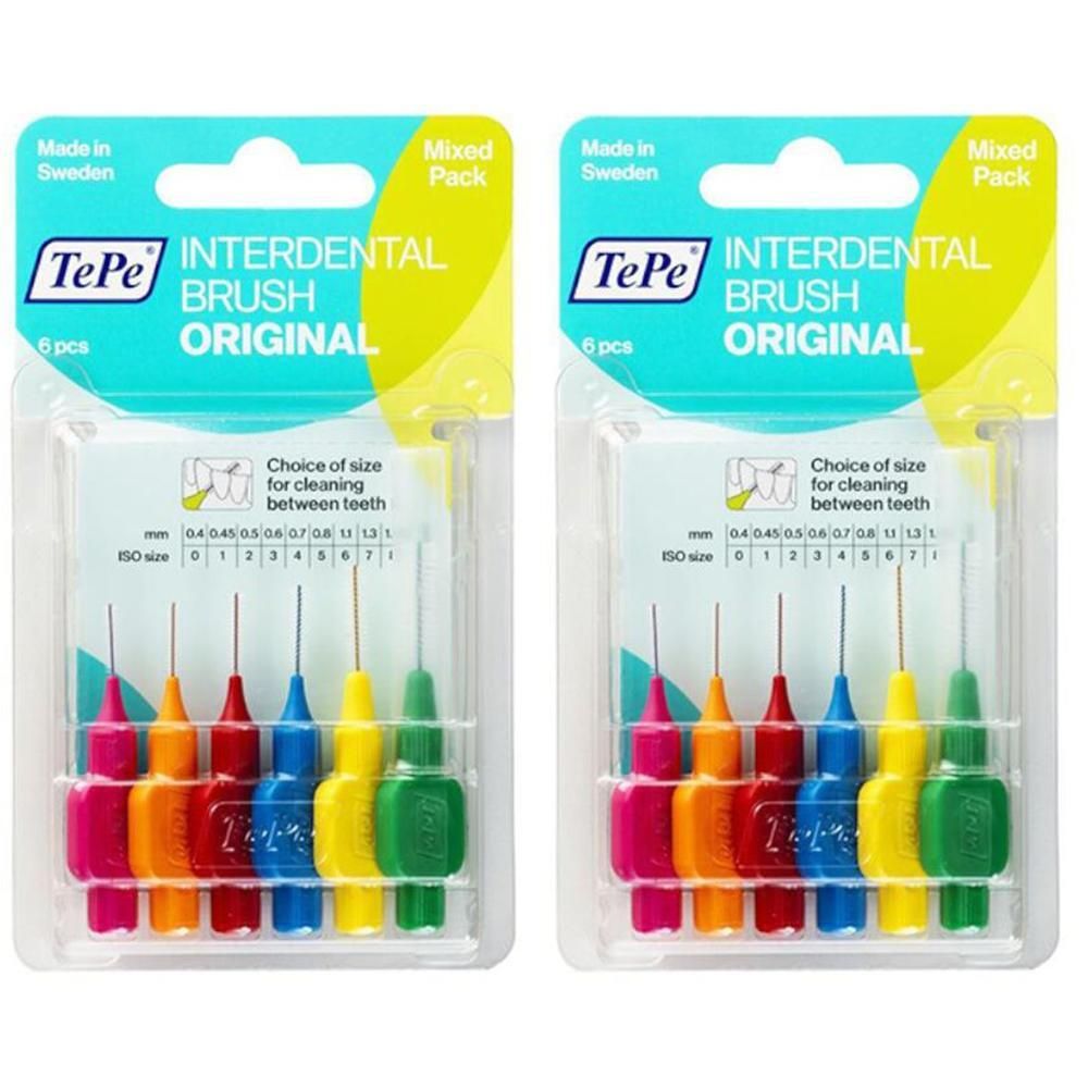 Twee pakken TePe Interdentale Borstels Original Mix, elk 6 stuks. Meerkleurige borsteltjes voor het reinigen van de ruimtes tussen de tanden.
