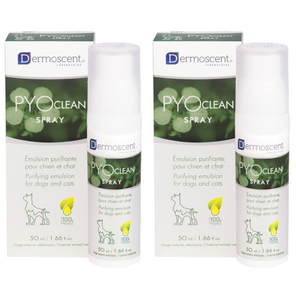 Twee flacons Dermoscent PYOclean Spray met doos. Zuiverende emulsie voor honden en katten.