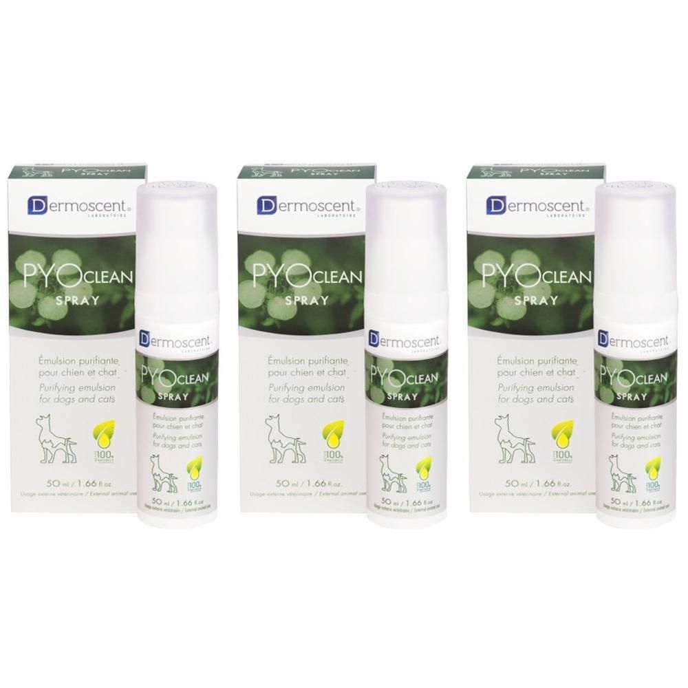 Drie Dermoscent PYOclean Spray flacons met verpakking. Zuiverende emulsie voor honden en katten.