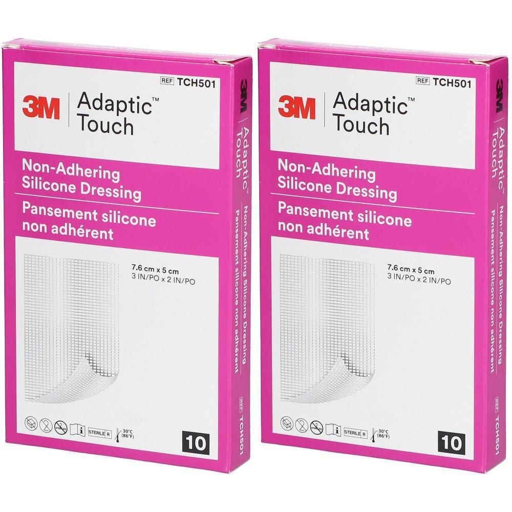 Deux boîtes de pansements siliconés non adhérents Adaptic Touch 3M, 7,6 x 5 cm.