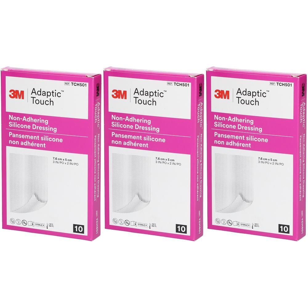 Trois boîtes de pansements siliconés non adhérents Adaptic Touch, 7,6 x 5 cm, 10 pansements par boîte.