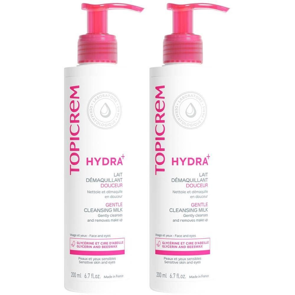 Deux flacons de Lait démaquillant douceur HYDRA+ Topicrem avec pompes.