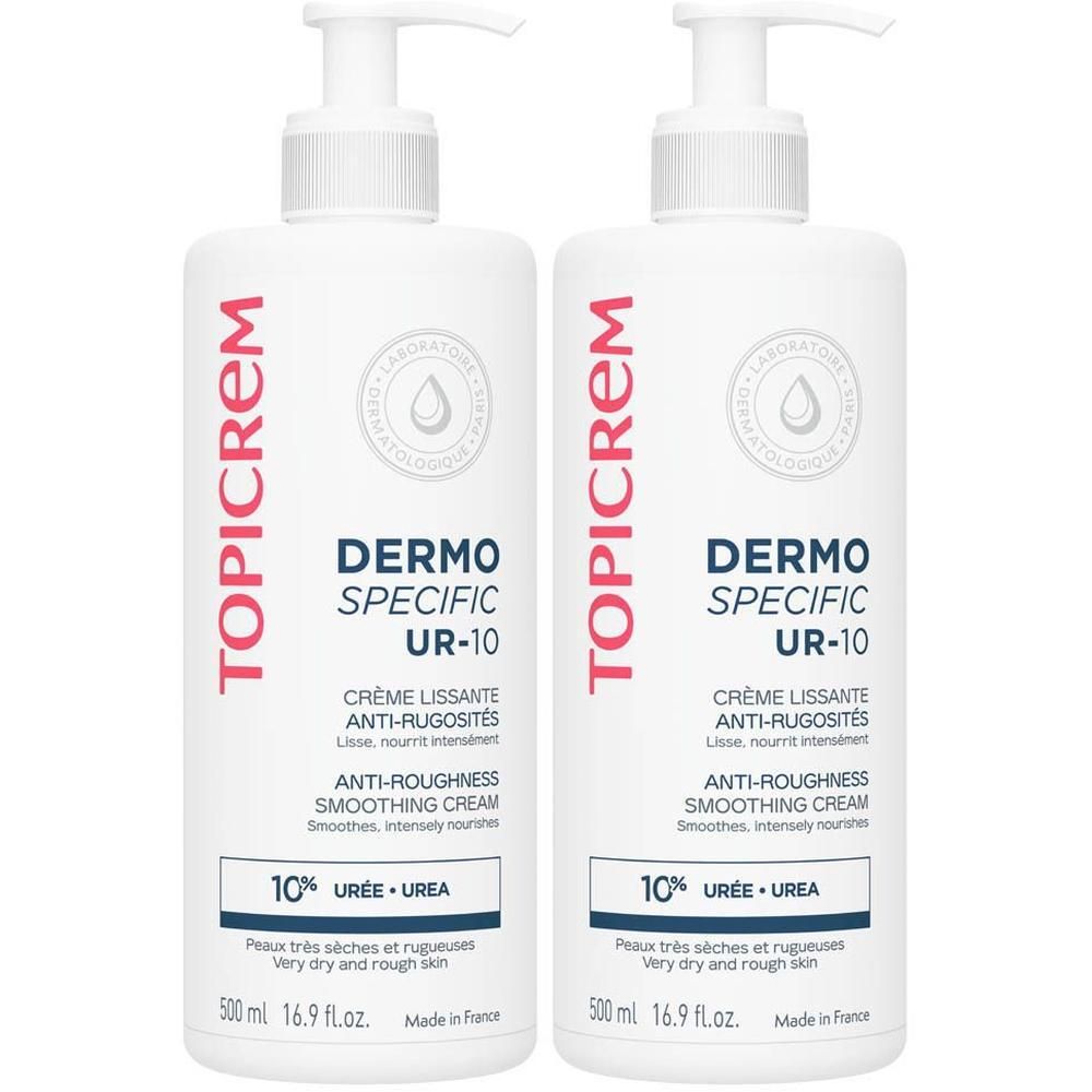 Twee pompflesjes Topicrem Dermo Specific UR-10 Anti-Ruwheid Gladmakende Crème, 500 ml.