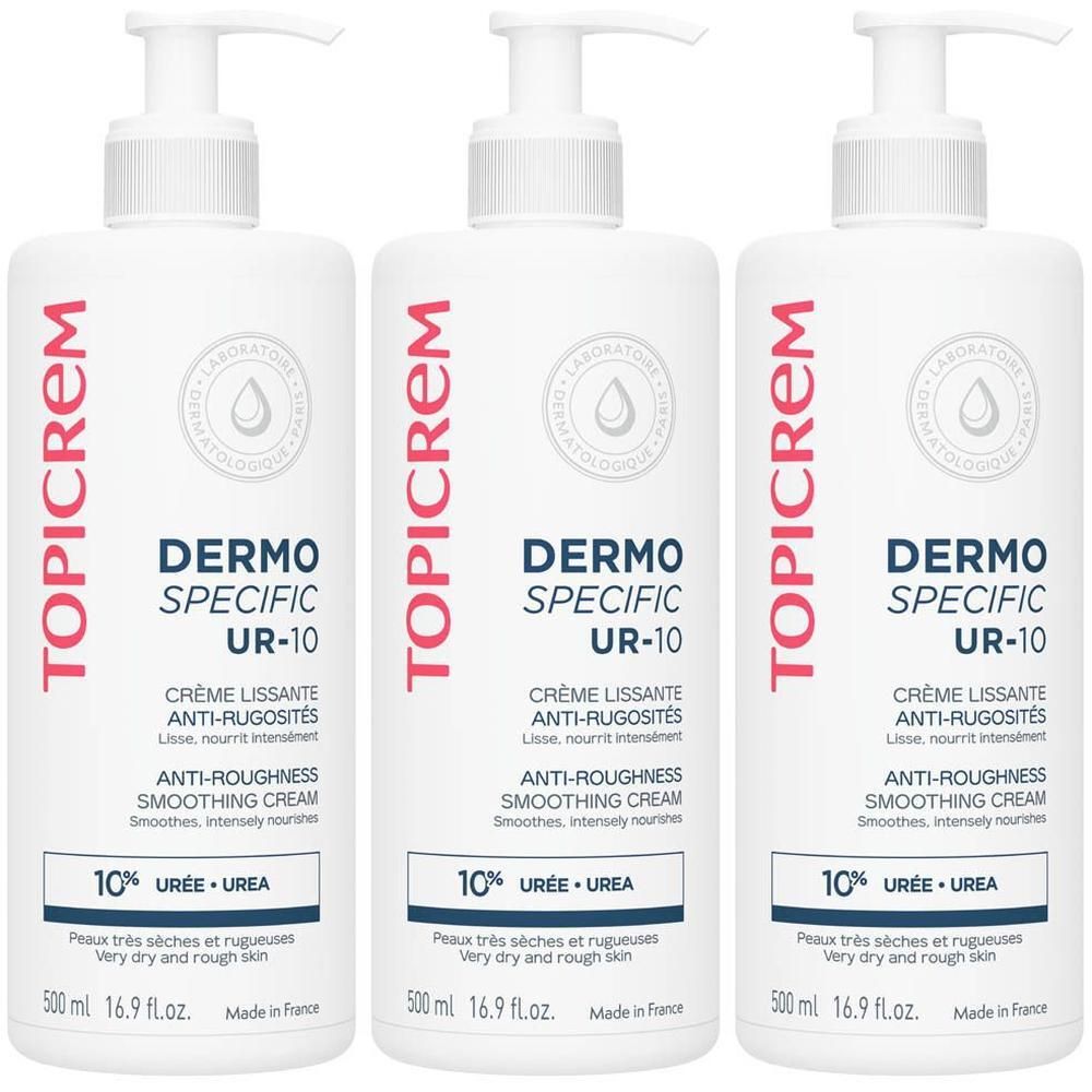 Trois flacons pompe blancs Topicrem Dermo Specific UR-10 Crème Lissante Anti-Rugosités, 500 ml chacun.