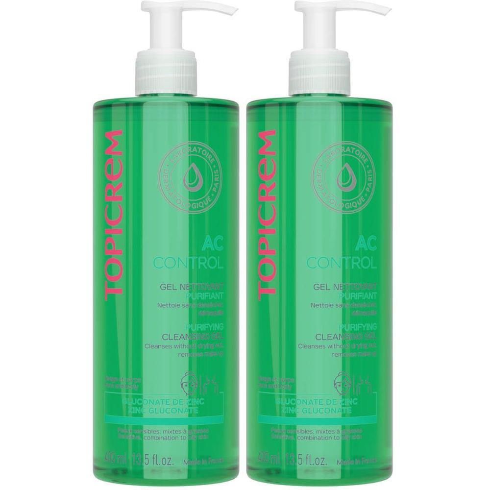 Twee groene pompflesjes Topicrem AC Control Gel Nettoyant Purifiant.