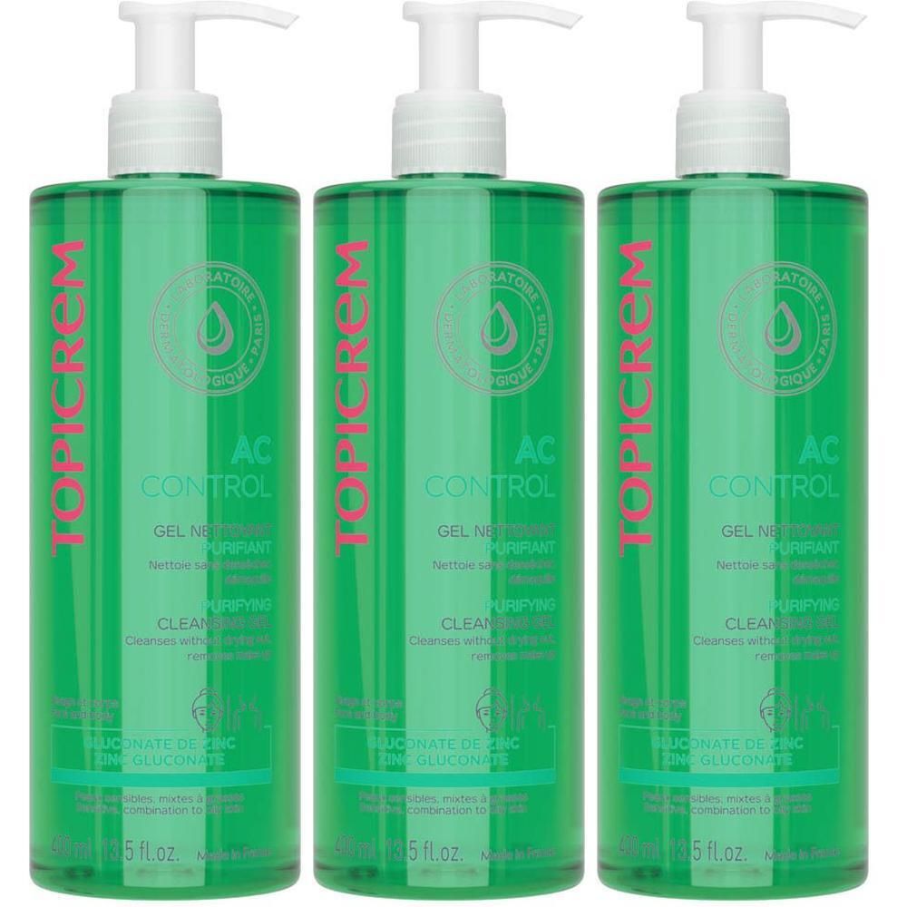 Trois flacons pompe verts de Topicrem AC Control Gel Nettoyant Purifiant.