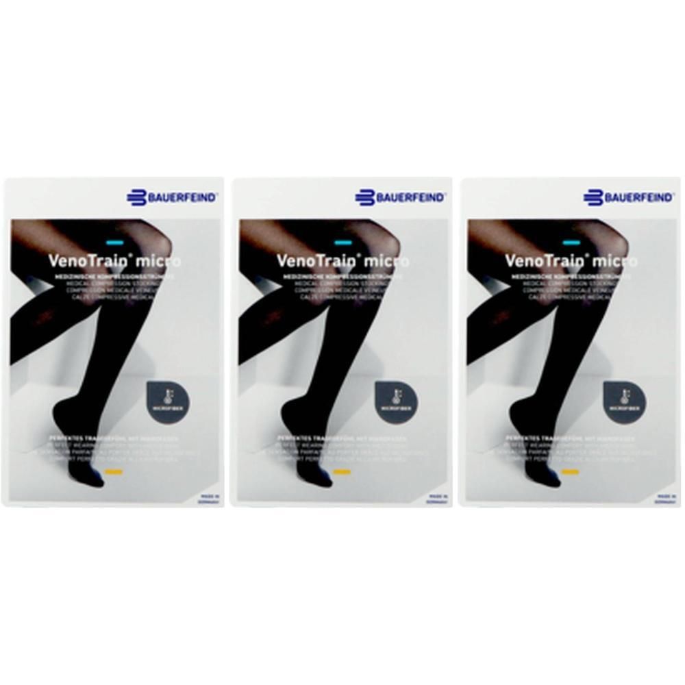 Trois paquets de bas de compression Bauerfeind VenoTrain Micro noirs.