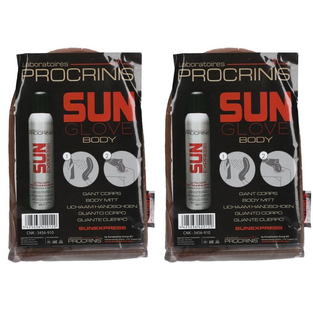 Deux produits Procrinis Sun Glove Body en emballage de détail.