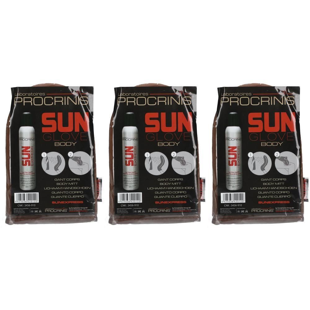 Drie verpakkingen Procrinis Sun Glove Body met spuitbussen en handschoenen.