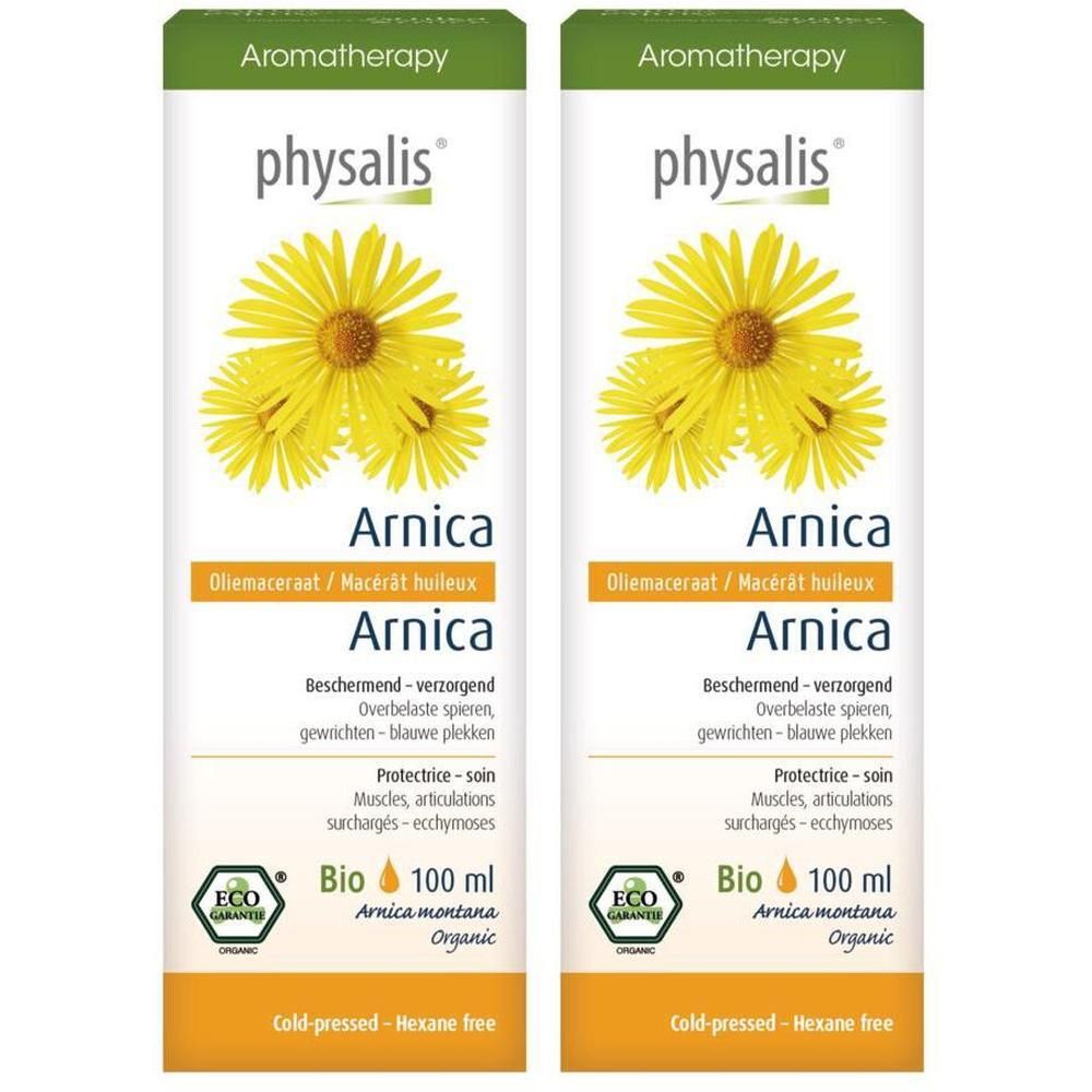 Twee flessen Physalis Arnica olie. Met Arnica bloemen en Bio-keurmerk. Koudgeperst, hexaanvrij.