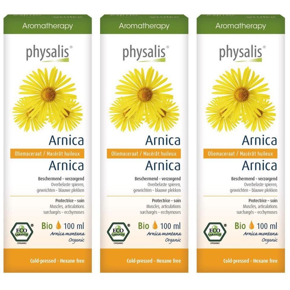 Drie flessen Physalis Arnica olie. Gele bloemen op wit etiket met Bio-zegel en 100 ml vermelding.