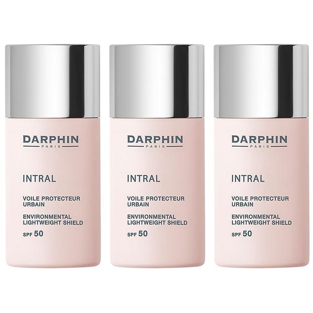 Drie Darphin Intral flacons met zilveren doppen. Milieuvriendelijk Lichtgewicht Schild SPF 50.
