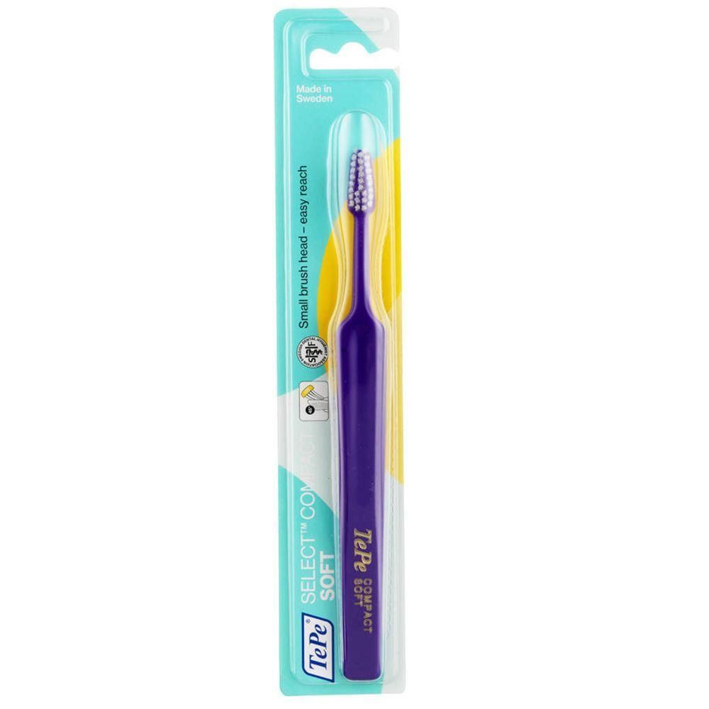 Brosse à dents TePe Select Compact Soft violette, emballage blister. Petite tête, poils souples.