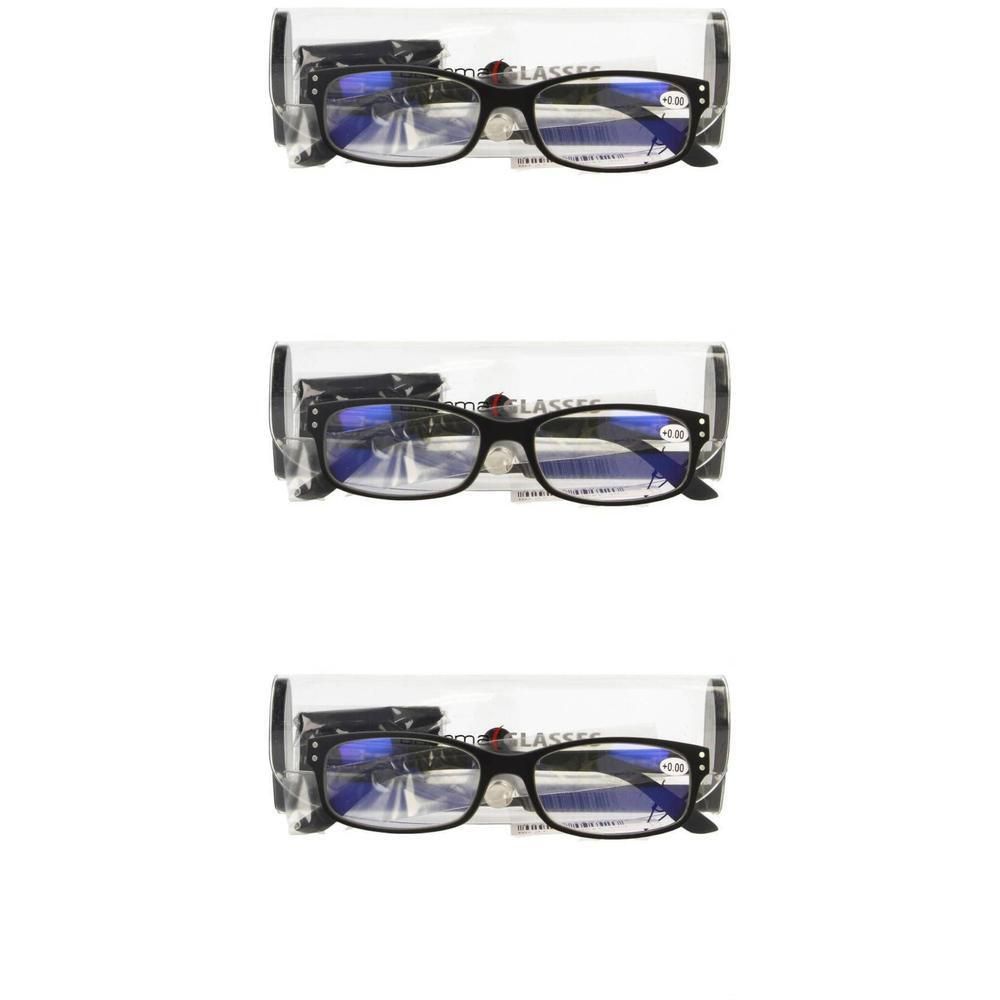 Trois paires de lunettes de lecture noires avec étui. Chaque paire est de +0,00.