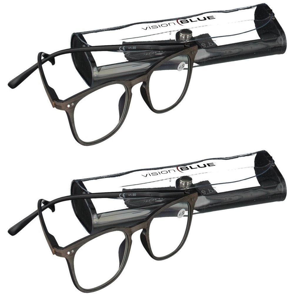 Deux paires de lunettes de lecture à monture brune avec étui. L'étui porte l'inscription "VISION BLUE".